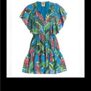 Farm Rio Dream Garden Mini Dress Ruffle Tassel Tie size Small in Blue Swiss Dot
